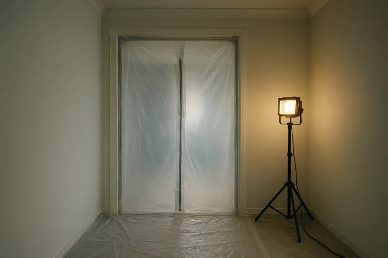 A room doorway sealed from floor to ceiling in taped clear plastic sheeting with a zip-flap entrance, plastic on the floor and a work light on a stand — friable asbestos removal, Wollongong. Illustrative example.